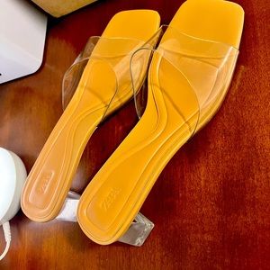 Zara low heeled vinyl mules.